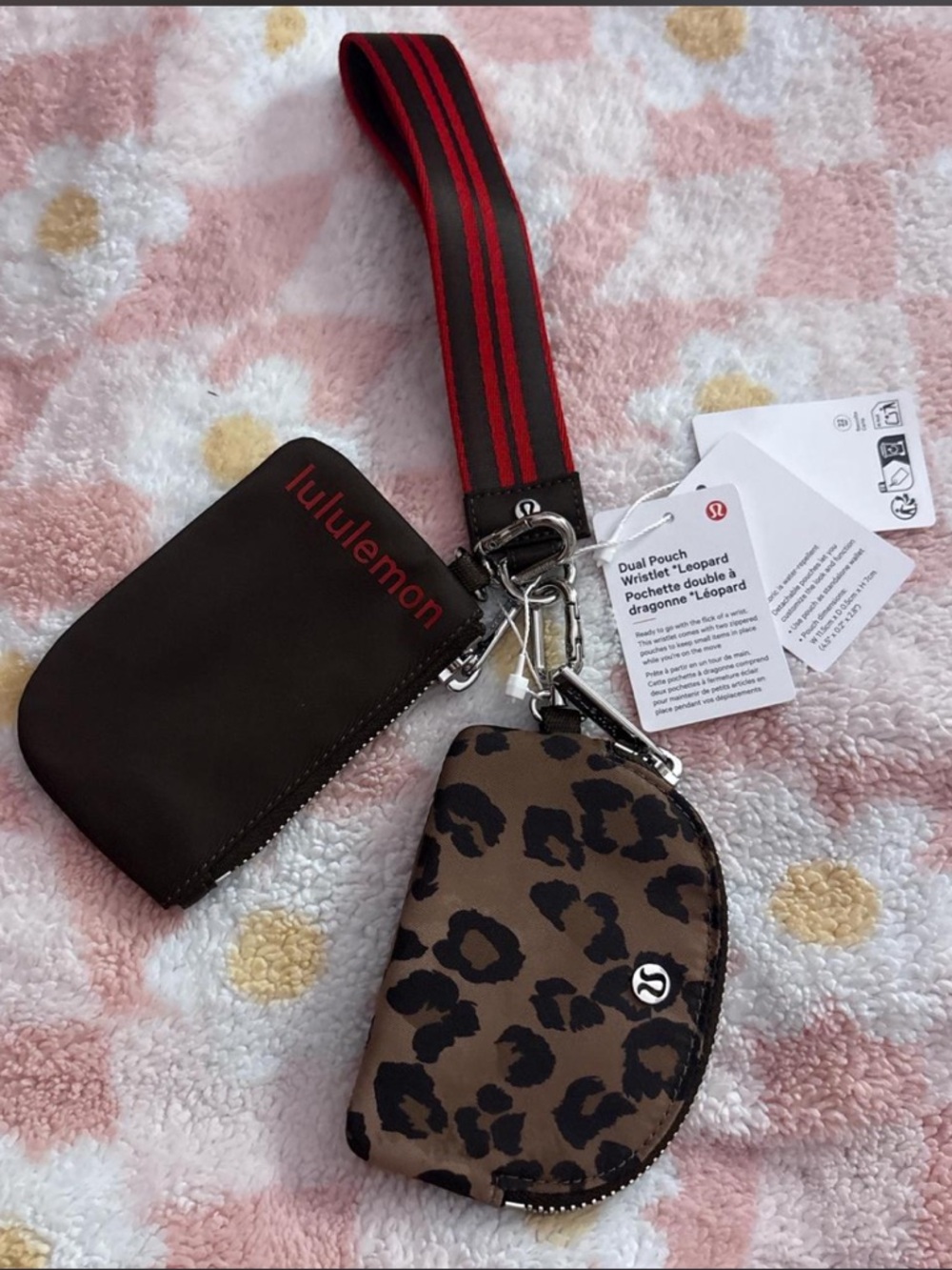 lululemon athletica Leopard Print Dual Pouch Wristlet with Red/Black Strap